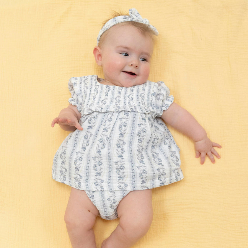 Kimberly Floral Stripe - Smocked Ruffle Bubble with Skirt