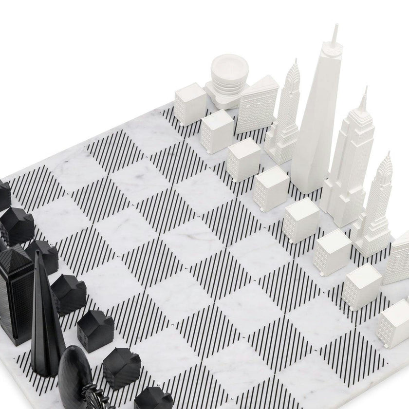 Chess Set Acrylic LONDON vs NEW YORK with Marble Hatch Board
