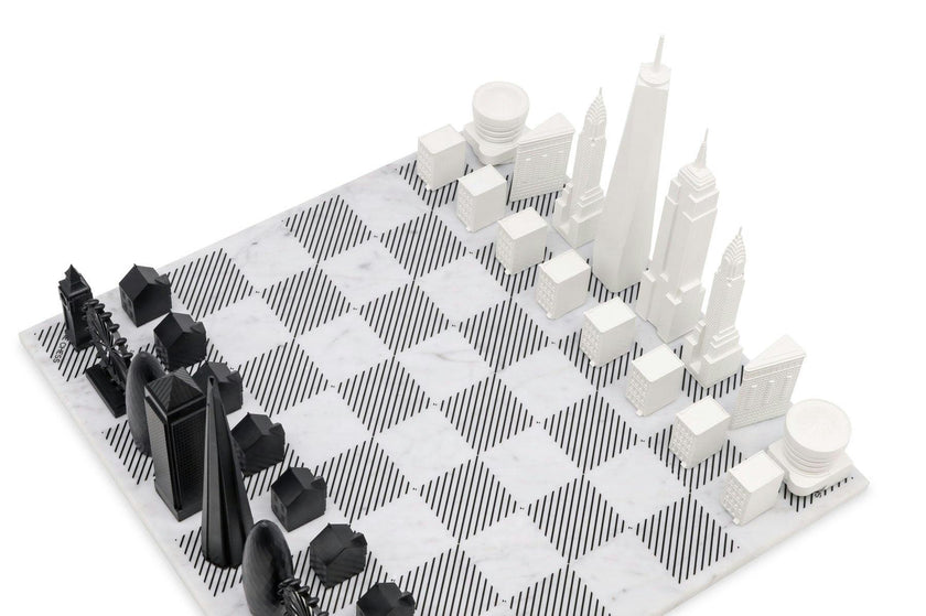 Chess Set Acrylic LONDON vs NEW YORK with Marble Hatch Board