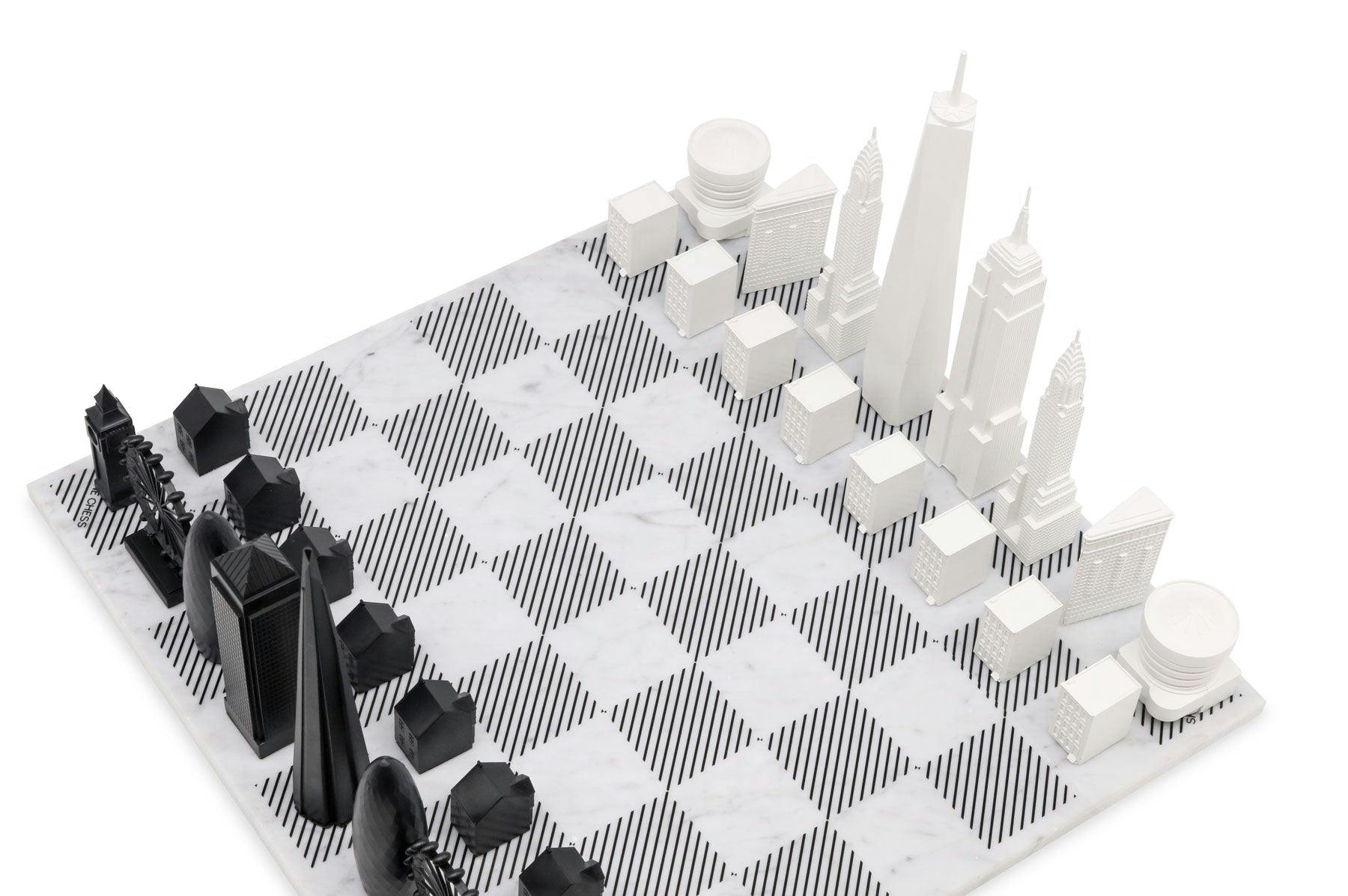 Chess Set Acrylic LONDON vs NEW YORK with Marble Hatch Board