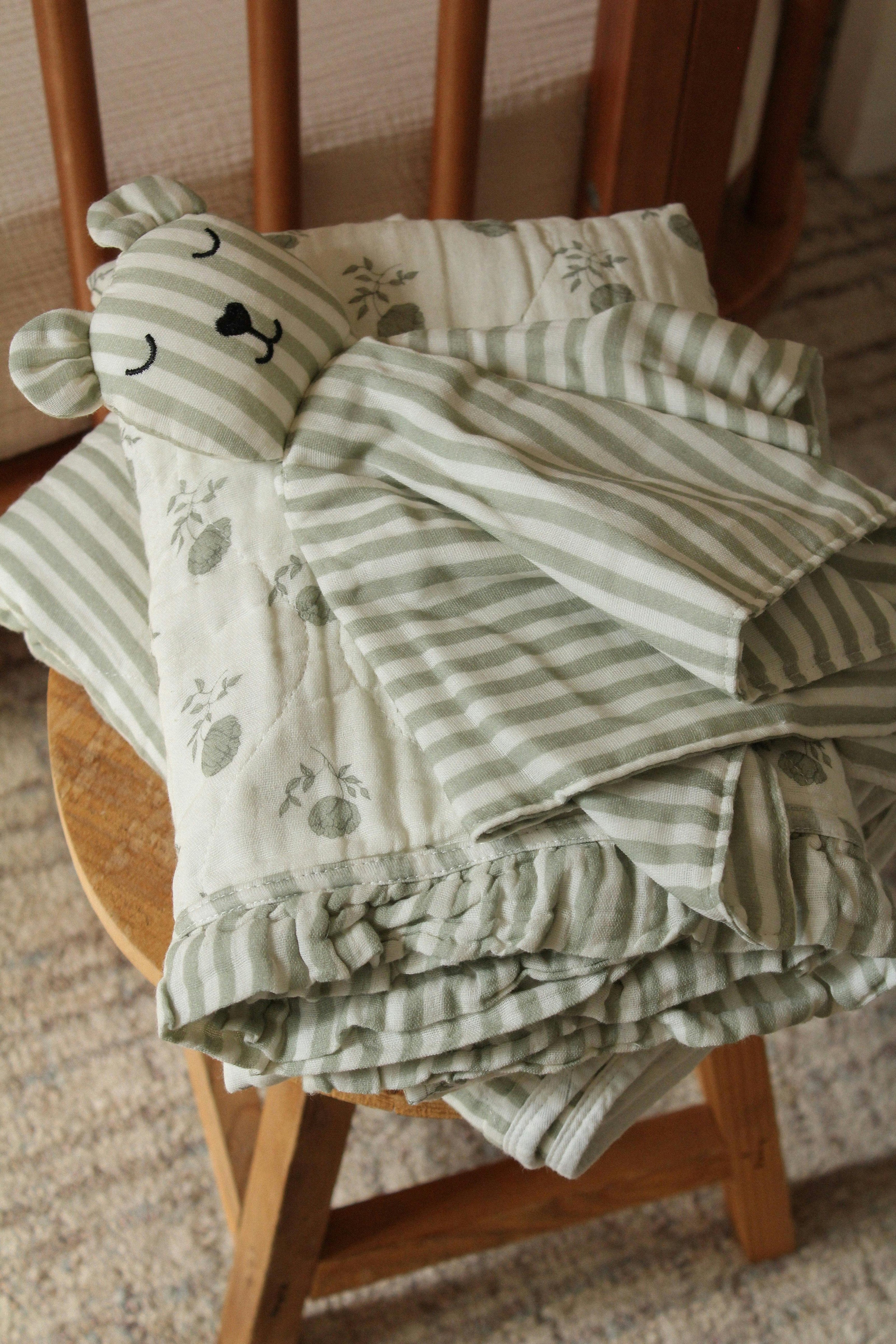 Elle Green Floral Ruffle Quilt Blanket + Bear Lovey SET