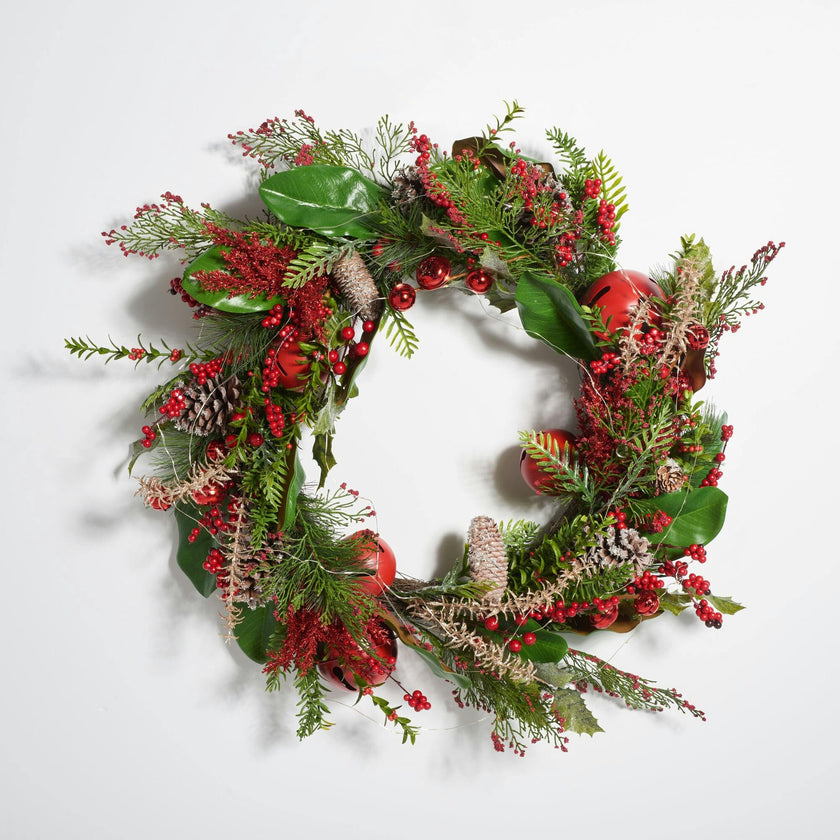 Faux 30 Inch Myrtle Led Wreath with Red Bells