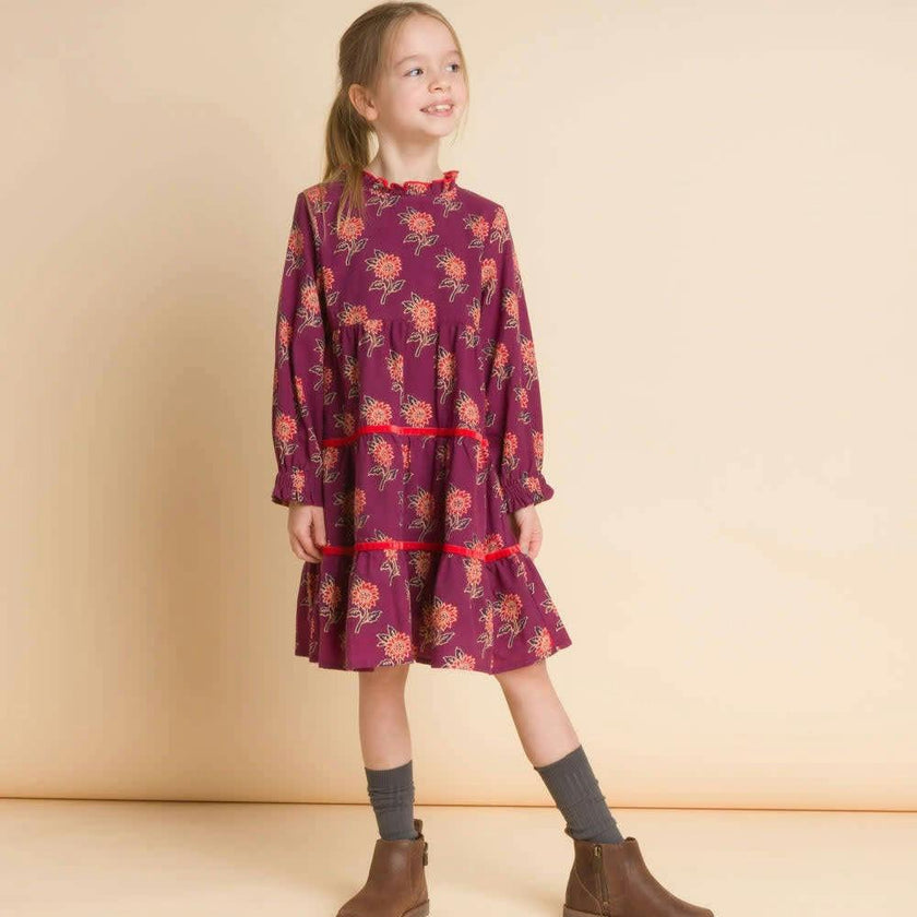 Long Sleeves Tiered Skirt Dress with Velvet Trim