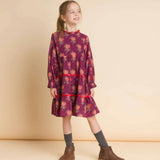 Long Sleeves Tiered Skirt Dress with Velvet Trim
