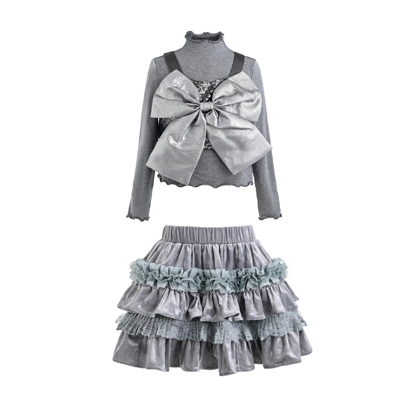 Gray Melina Bow Ruffle Set