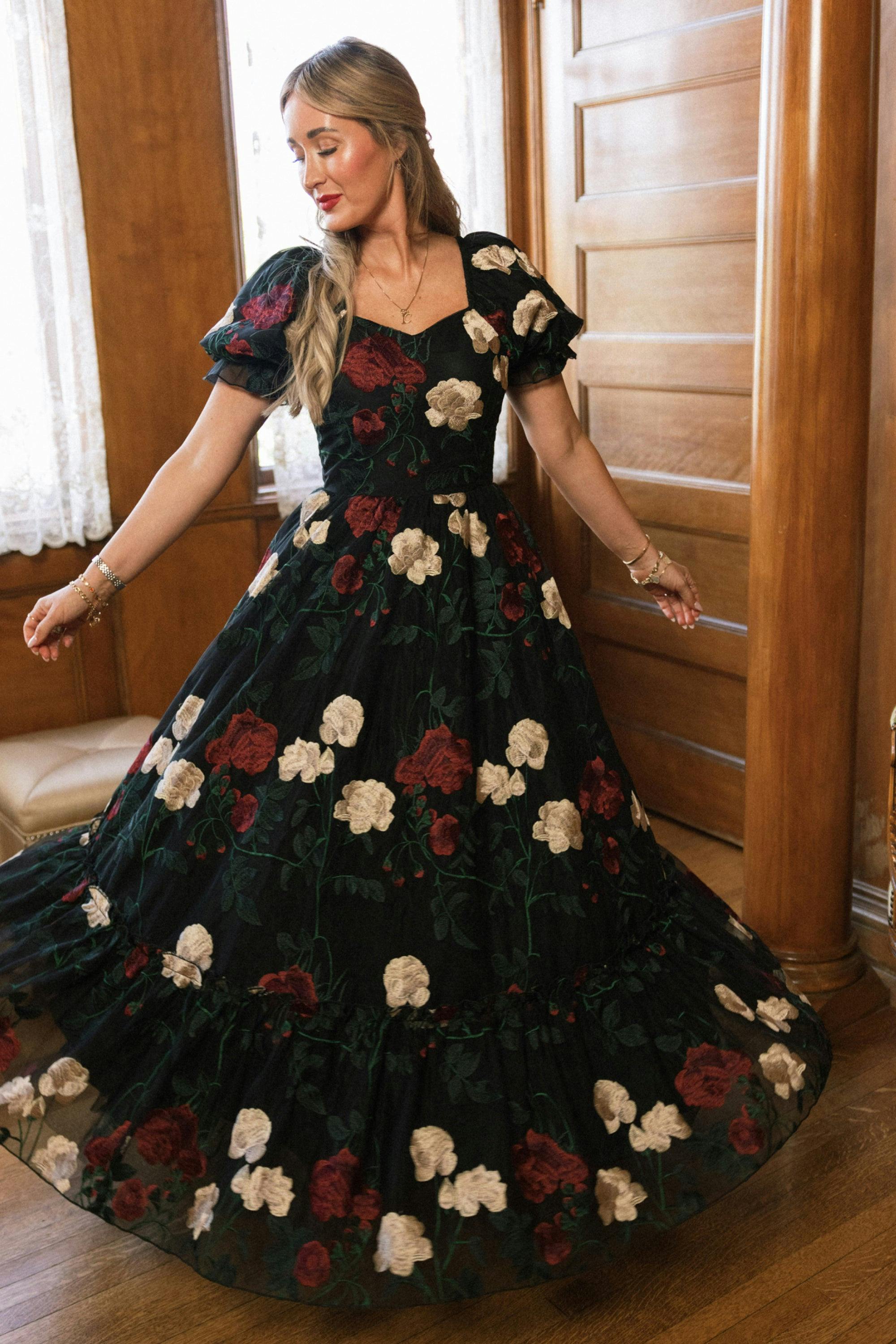 Amora Dress in Obsidian Rose Embroidery