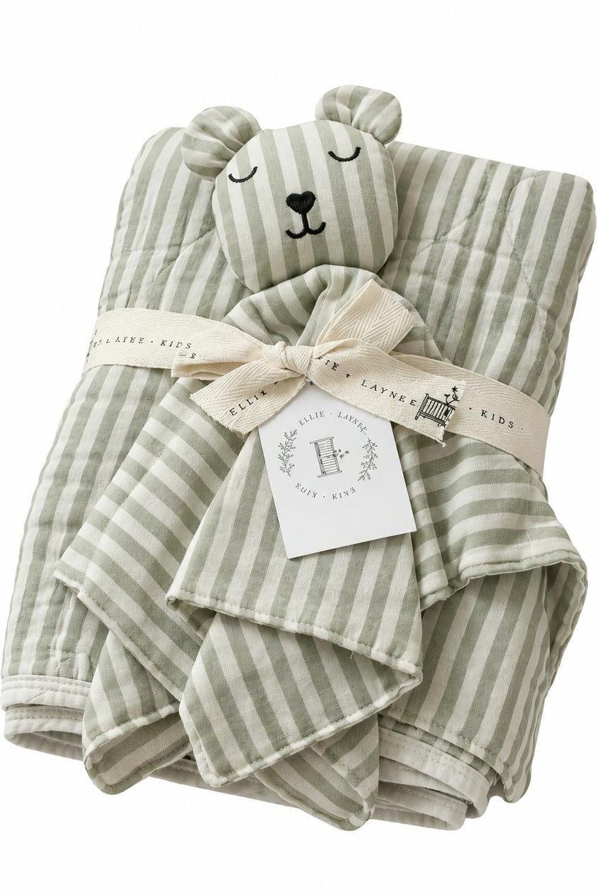 Ellis Green Stripe QUILTED 6 Layer Gauze Blanket