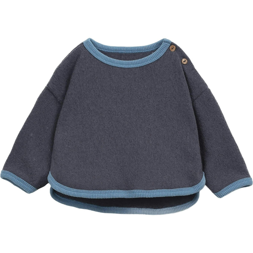 Contrast Trim Crew Neck Long Sleeve 2-Button Shoulder Sweatshirt