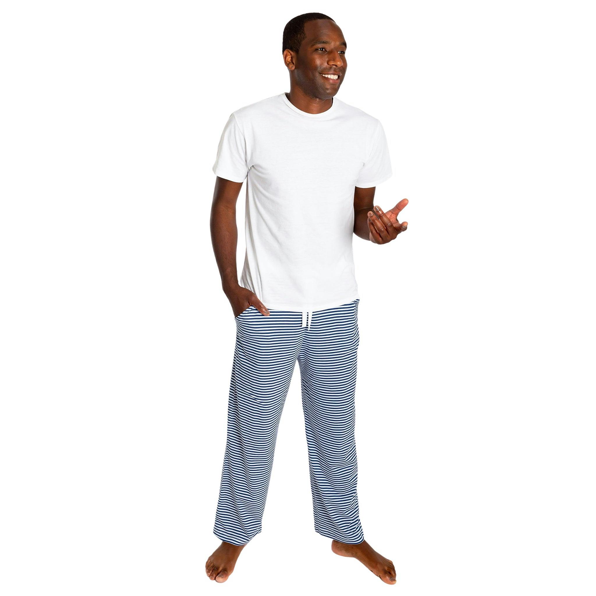 Men's Marina Jersey PJ Pants - Navy Stripe Organic Stretch Cotton