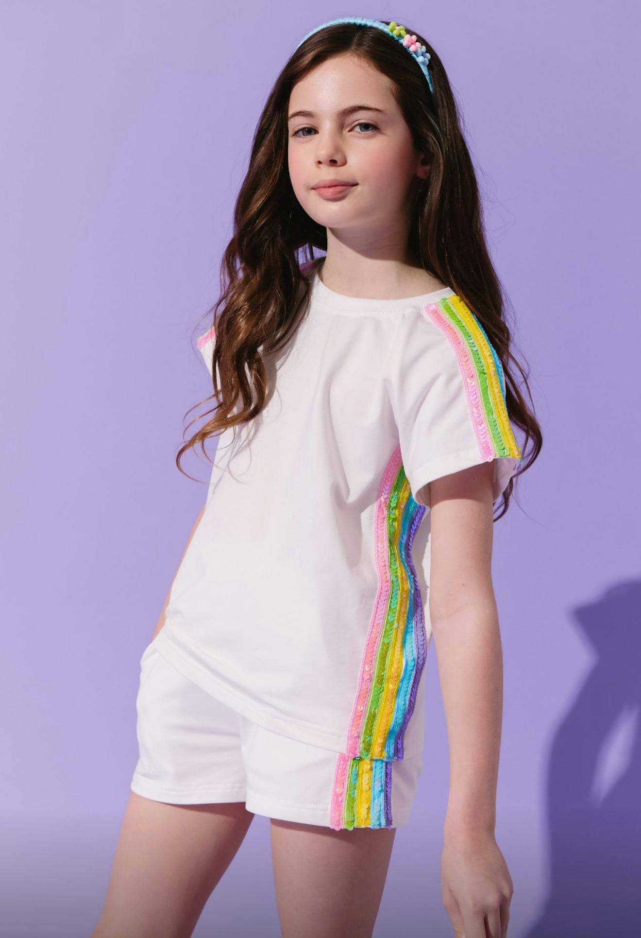 White Rainbow Stripe Short Set