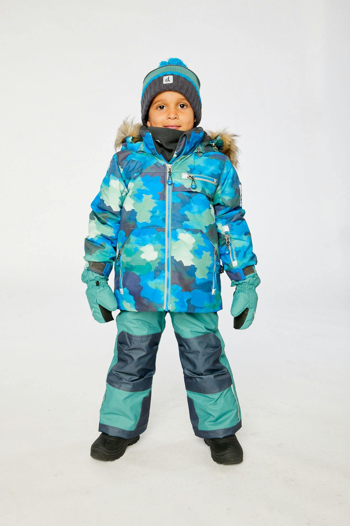 Two Piece Play Snowsuit Blue Camouflage Print With Green Pants