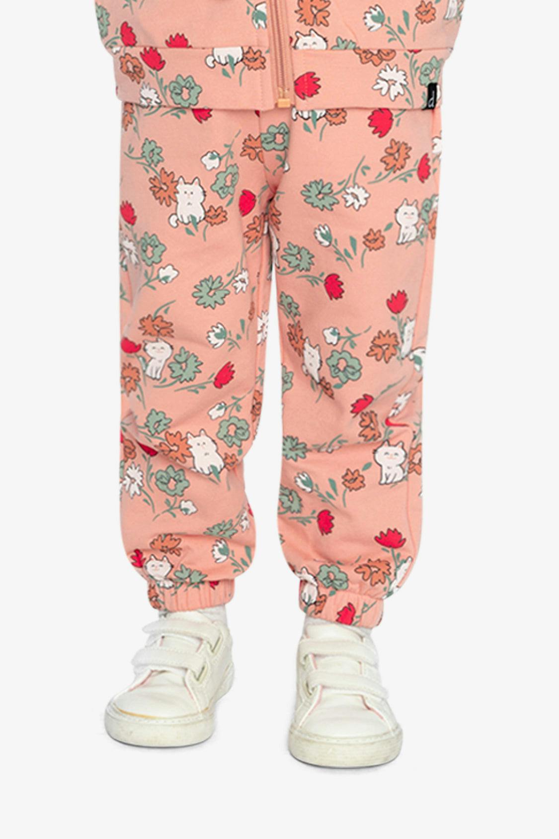French Terry Sweatpants Pink Cat Print