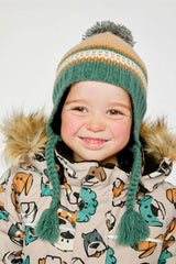 Winter Peruvian Knit Hat with Pompom Beige and Green Jacquard