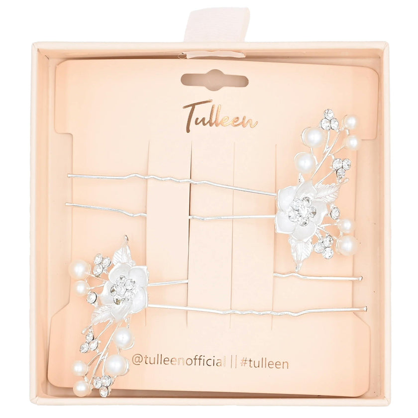 Crystal Flower Pearl Accent Hair Pins