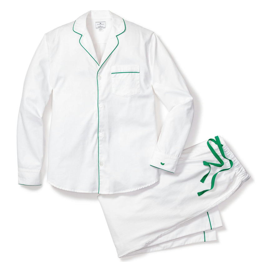 Men's Twill Pajama Set in White with Green Piping