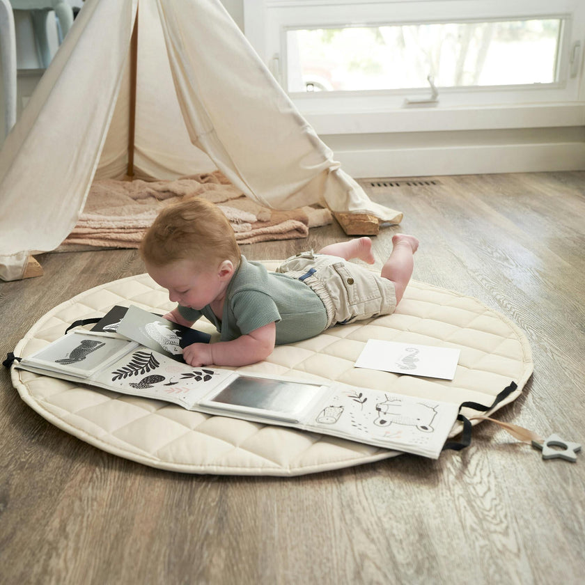 Soft Tummy Time Book w/Large Stimulating Baby Safe Mirror - High Contrast Montessori Toy w/Mirror, Crinkle Filling & Silicone Teether - For Newborn Development