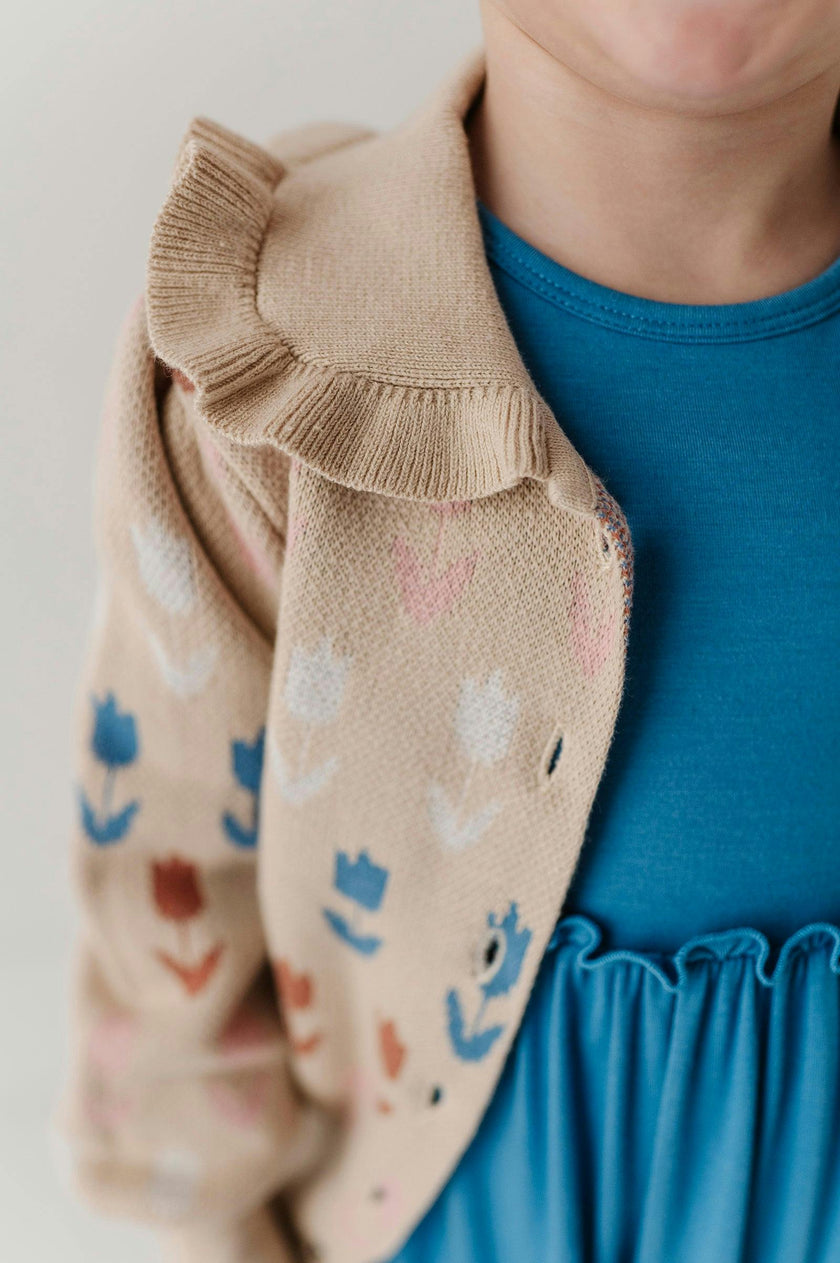 Girls Floral Knit Cardigan in Beige Tulip Intarsia