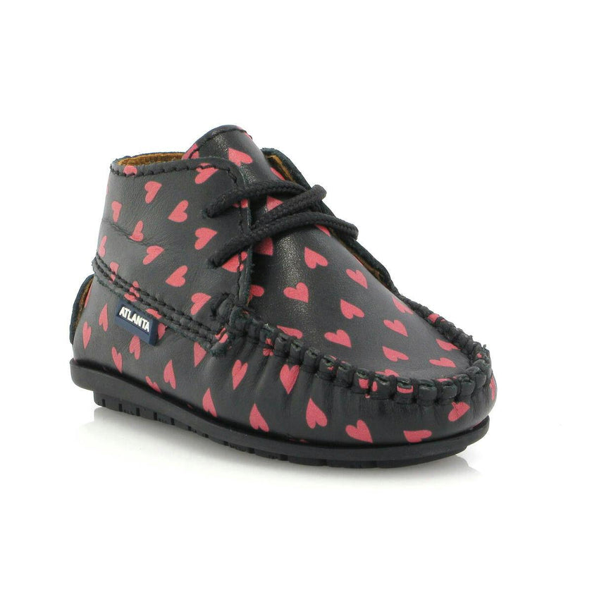 Smooth Leather Moccasin Boots, Black with Red Hearts Print