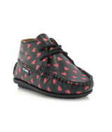 Smooth Leather Moccasin Boots, Black with Red Hearts Print
