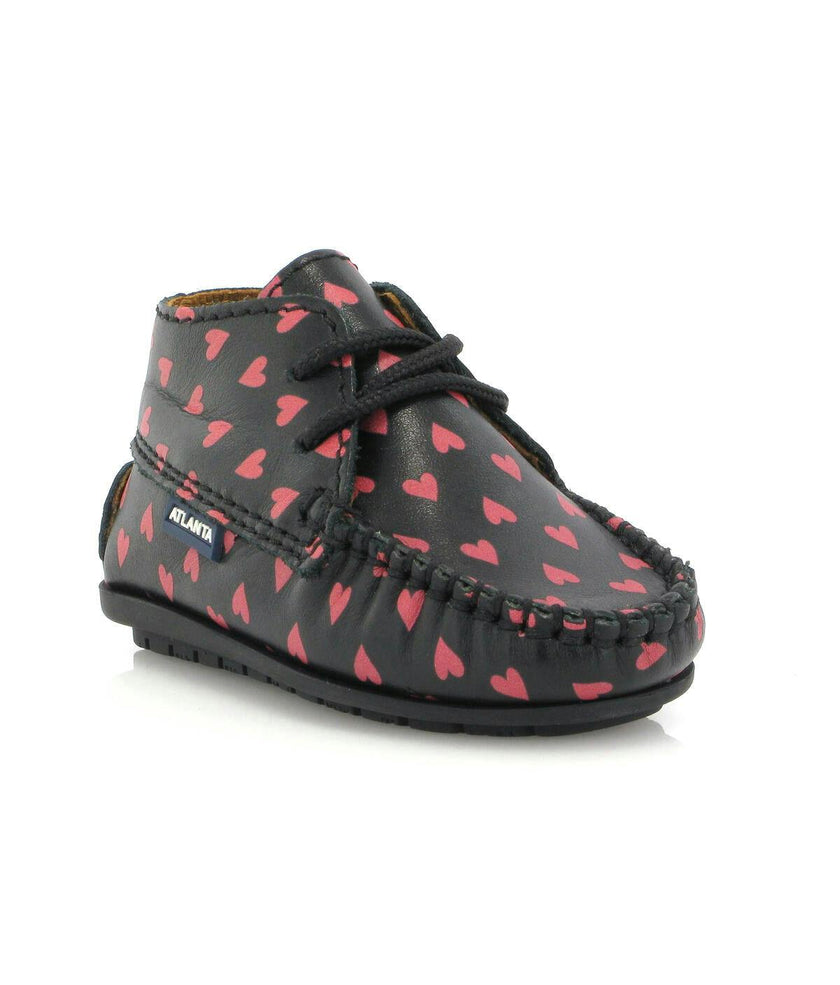 Smooth Leather Moccasin Boots, Black with Red Hearts Print