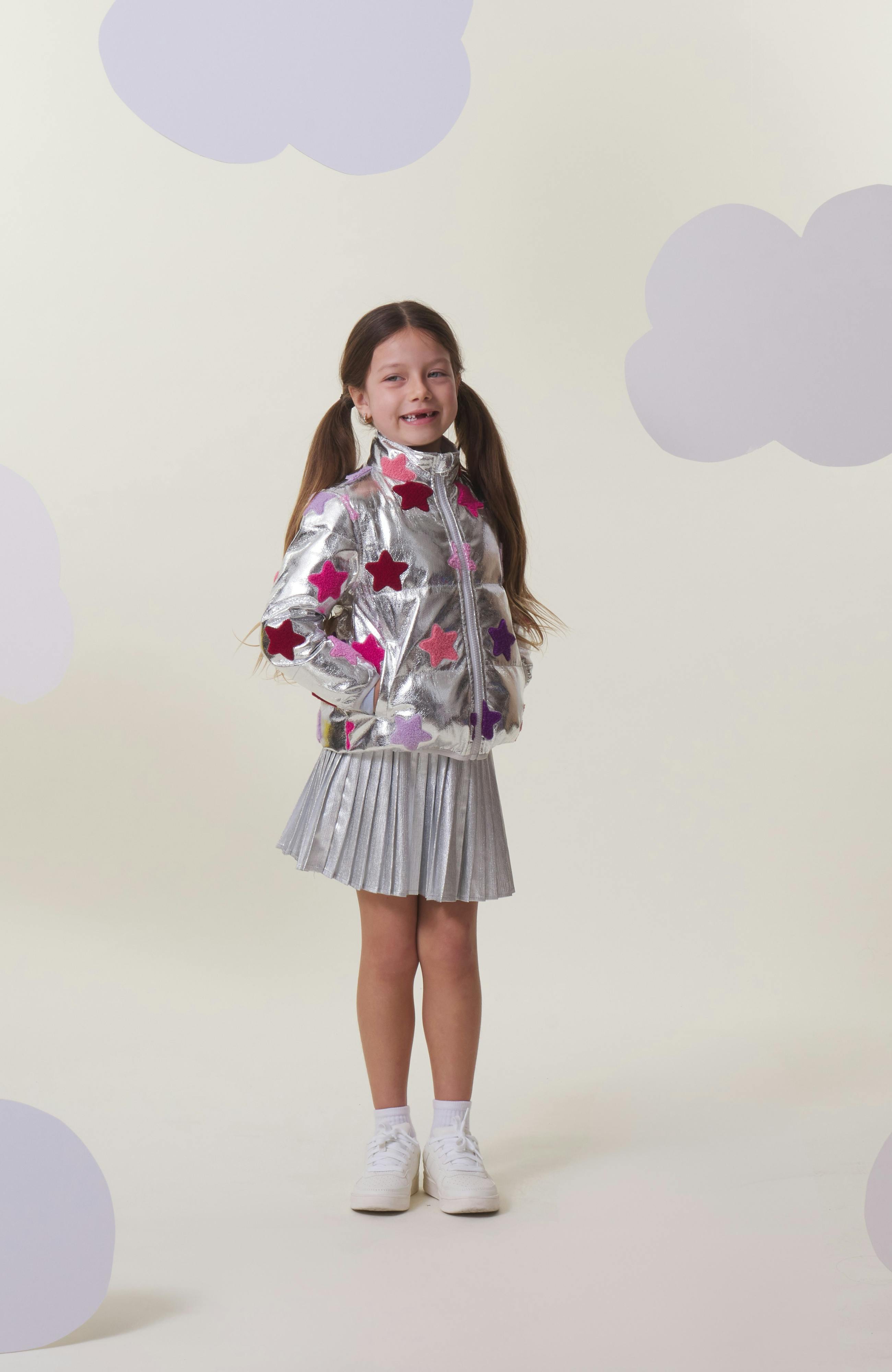 Reese Metallic Patch Puffer Jacket, Silver Stars