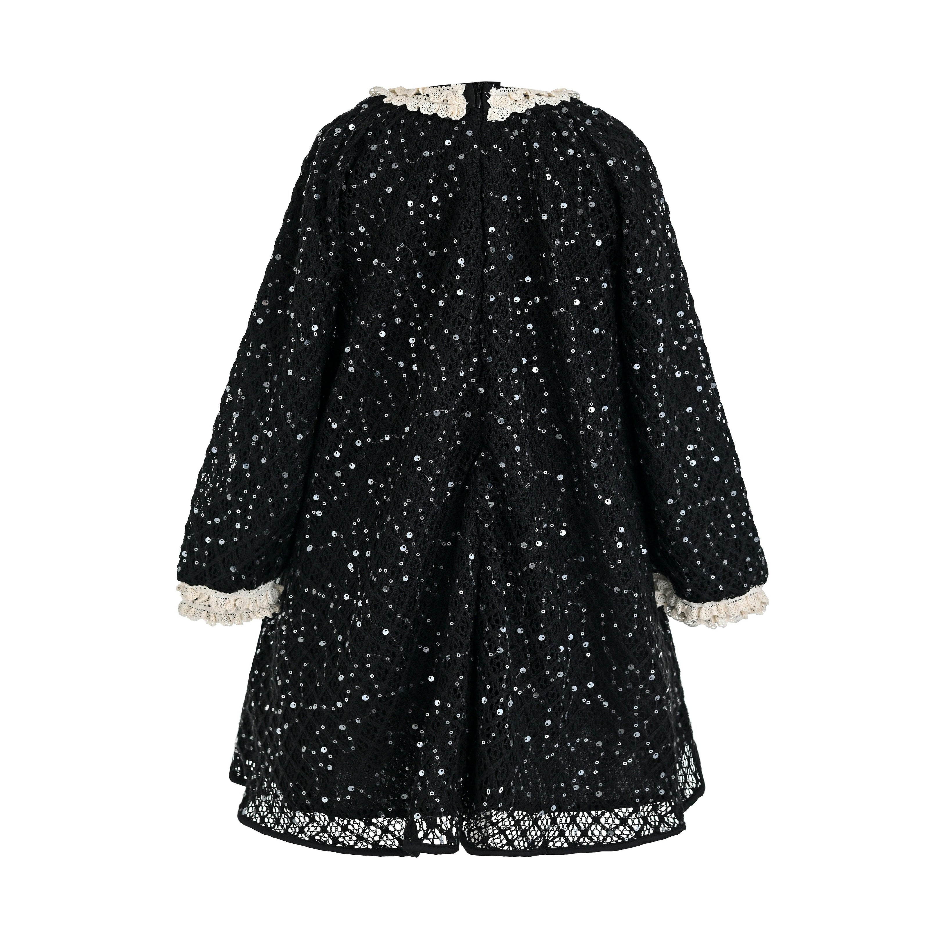 Black Sequin Lace-Trim Dress