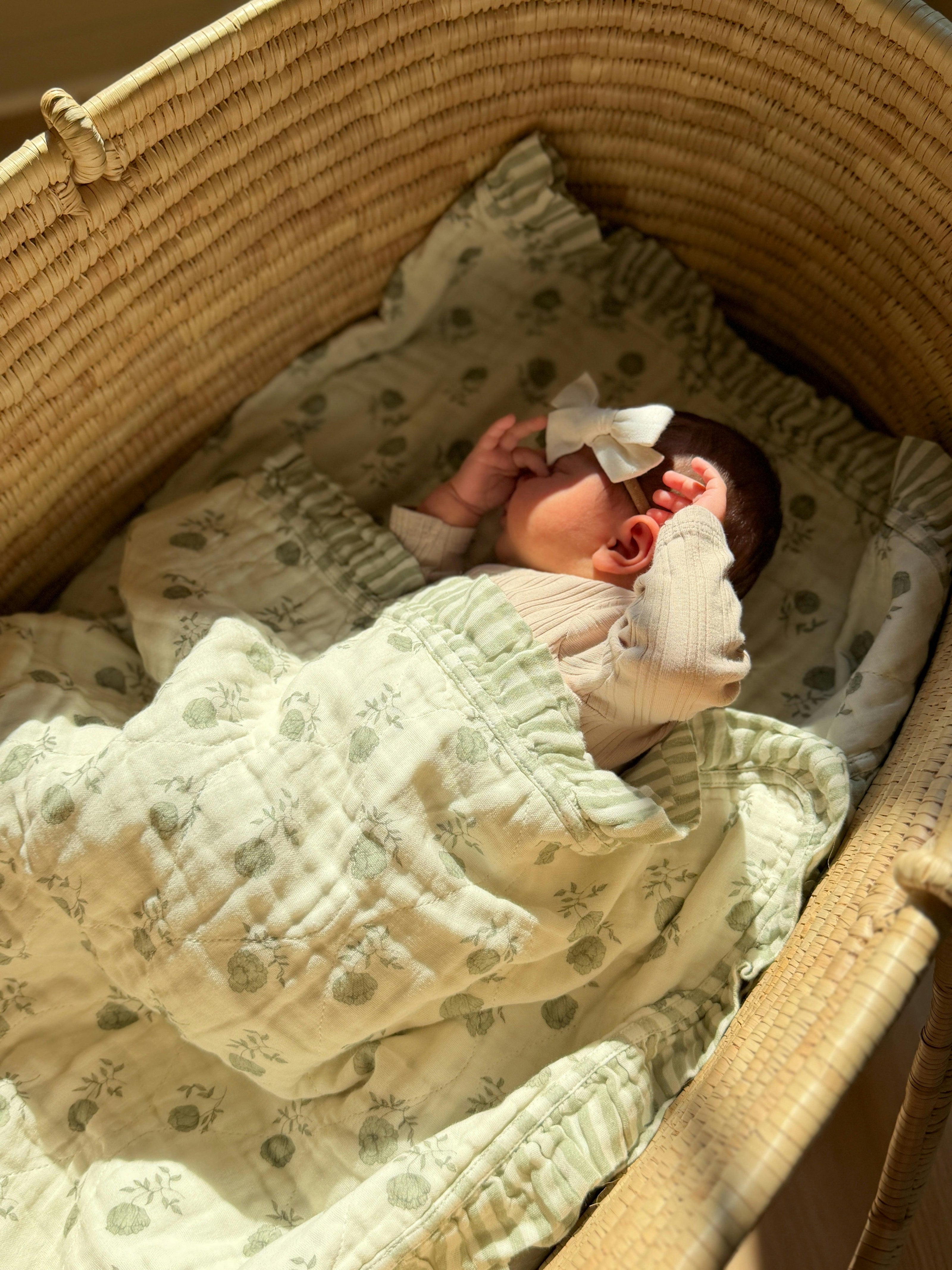 Elle Green Floral Ruffle Quilt Blanket + Bear Lovey SET