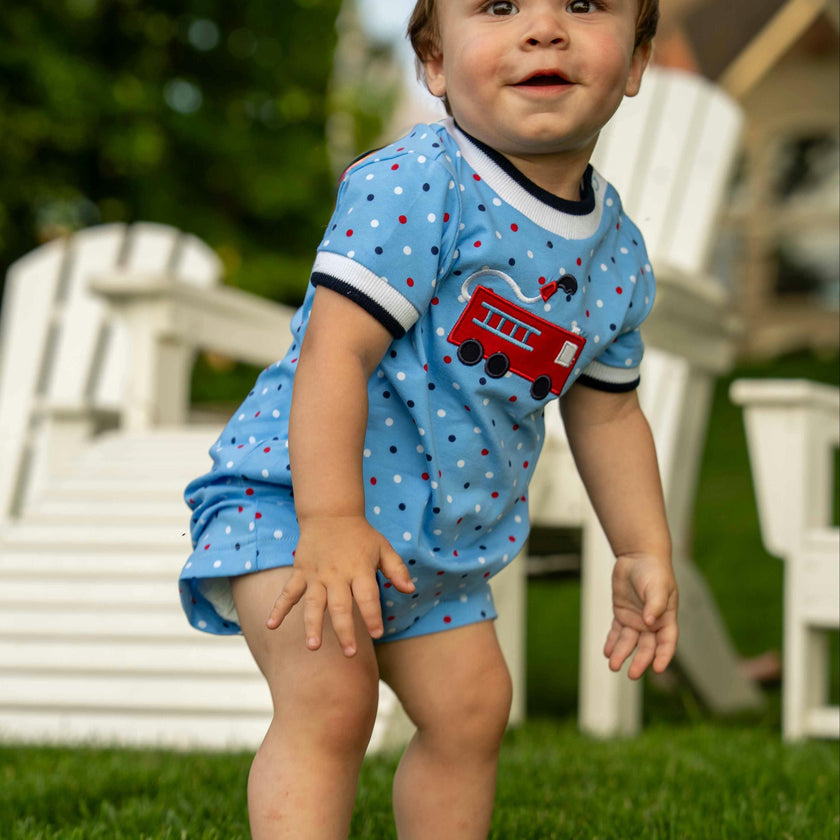 Printed Knit Shortall With Fire Truck