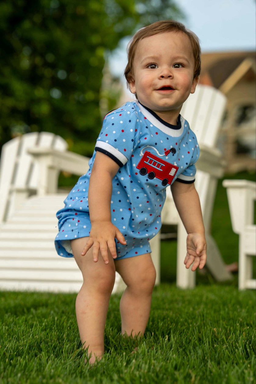 Printed Knit Shortall With Fire Truck