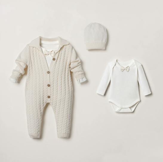 Cream 3-Piece Cable Knit Romper, Bodysuit & Beanie Set