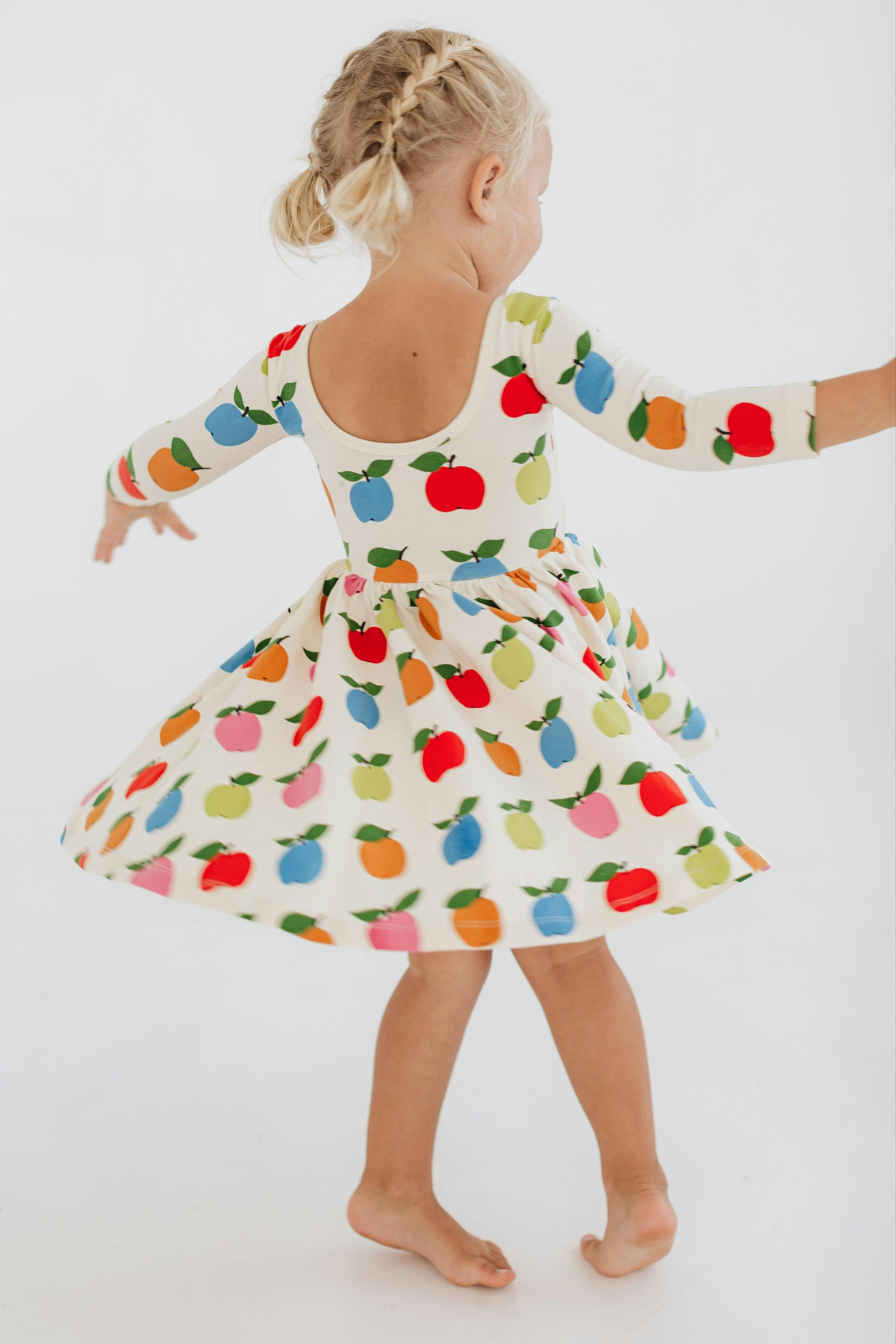 3/4 Sleeve Twirl Dress in Colorful Apples
