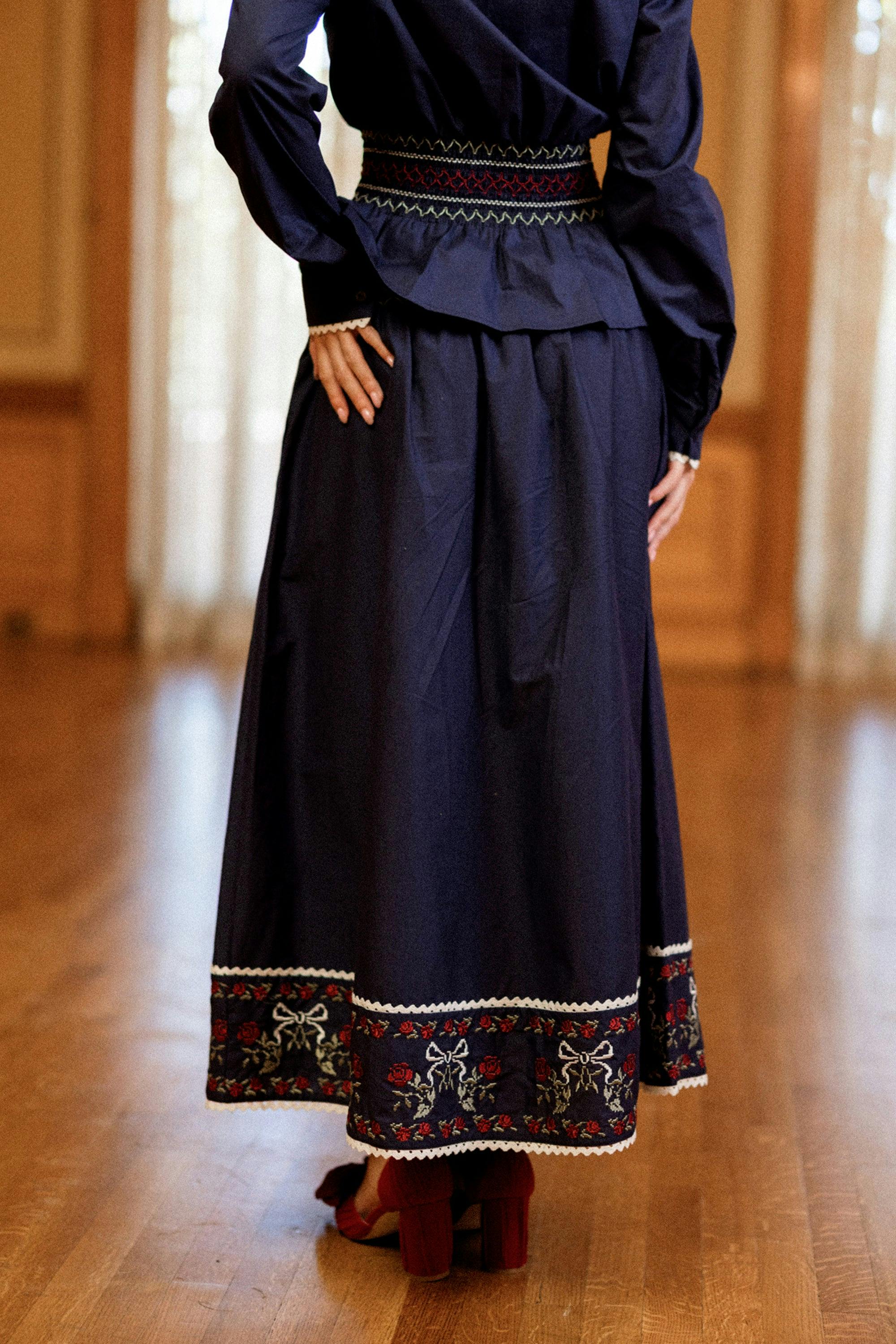 Bluebell Skirt in Sapphire Rosette Embroidery