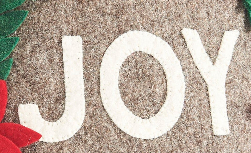 Hand Felted Wool Christmas Pillow - JOY Wreath Natural Gray - 20"