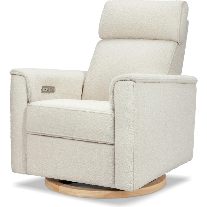 Willa Plus Power Glider Recliner W/ Power Headrest In Ivory Boucle With Light Wood Base
