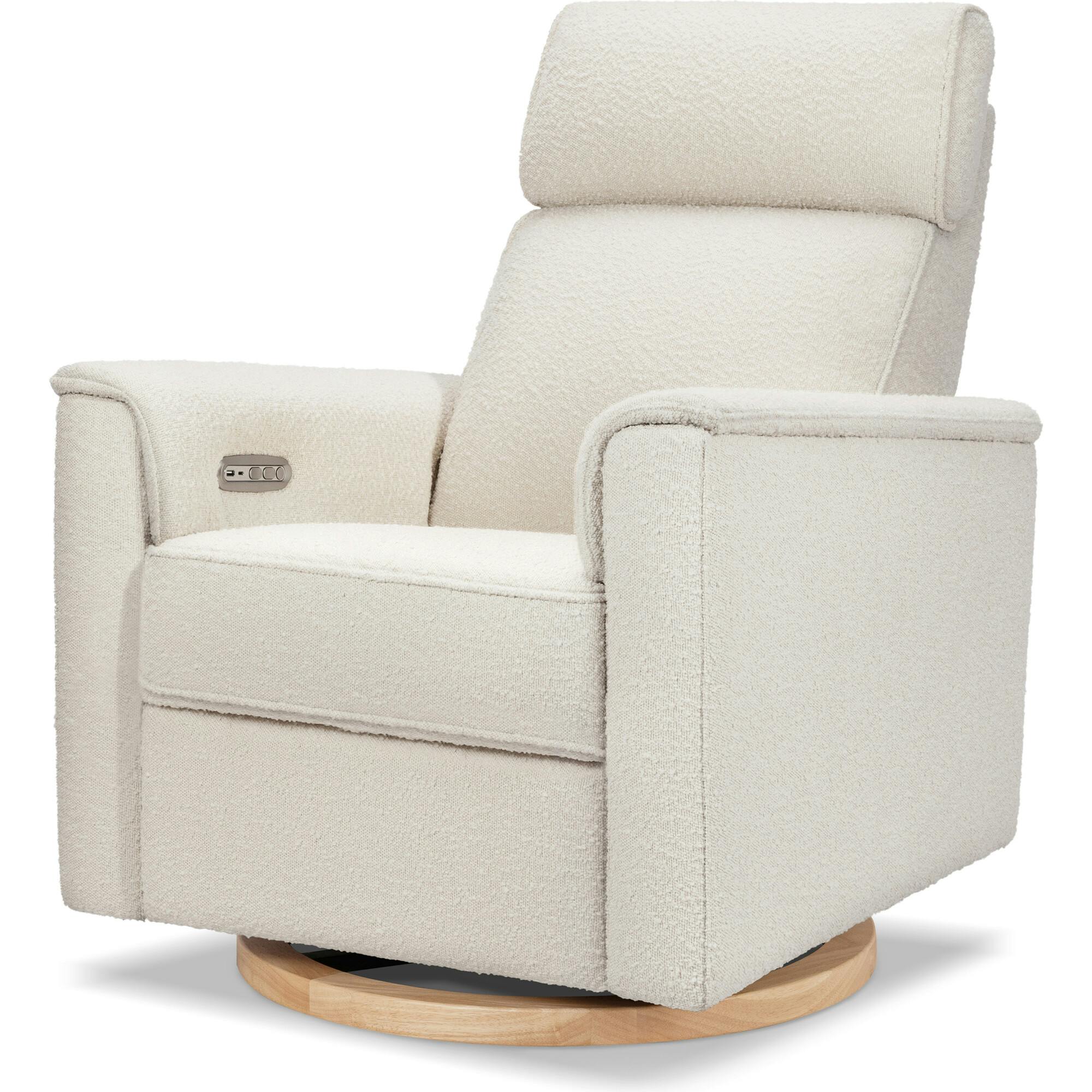 Willa Plus Power Glider Recliner W/ Power Headrest In Ivory Boucle With Light Wood Base