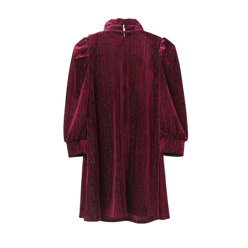 Lena Garnet Velvet Ruffle Collar Long Cuffed Sleeve Midi Dress, Red