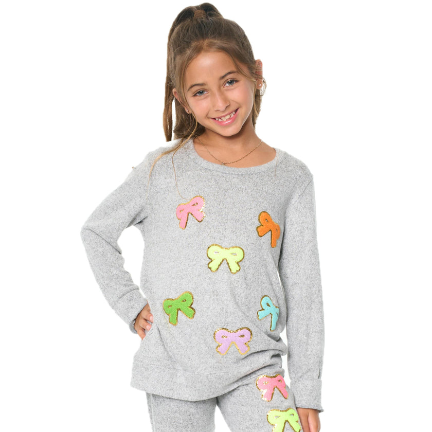 Hacci Sweatshirt with Assorted Color Glitter Chenille Bow Patches