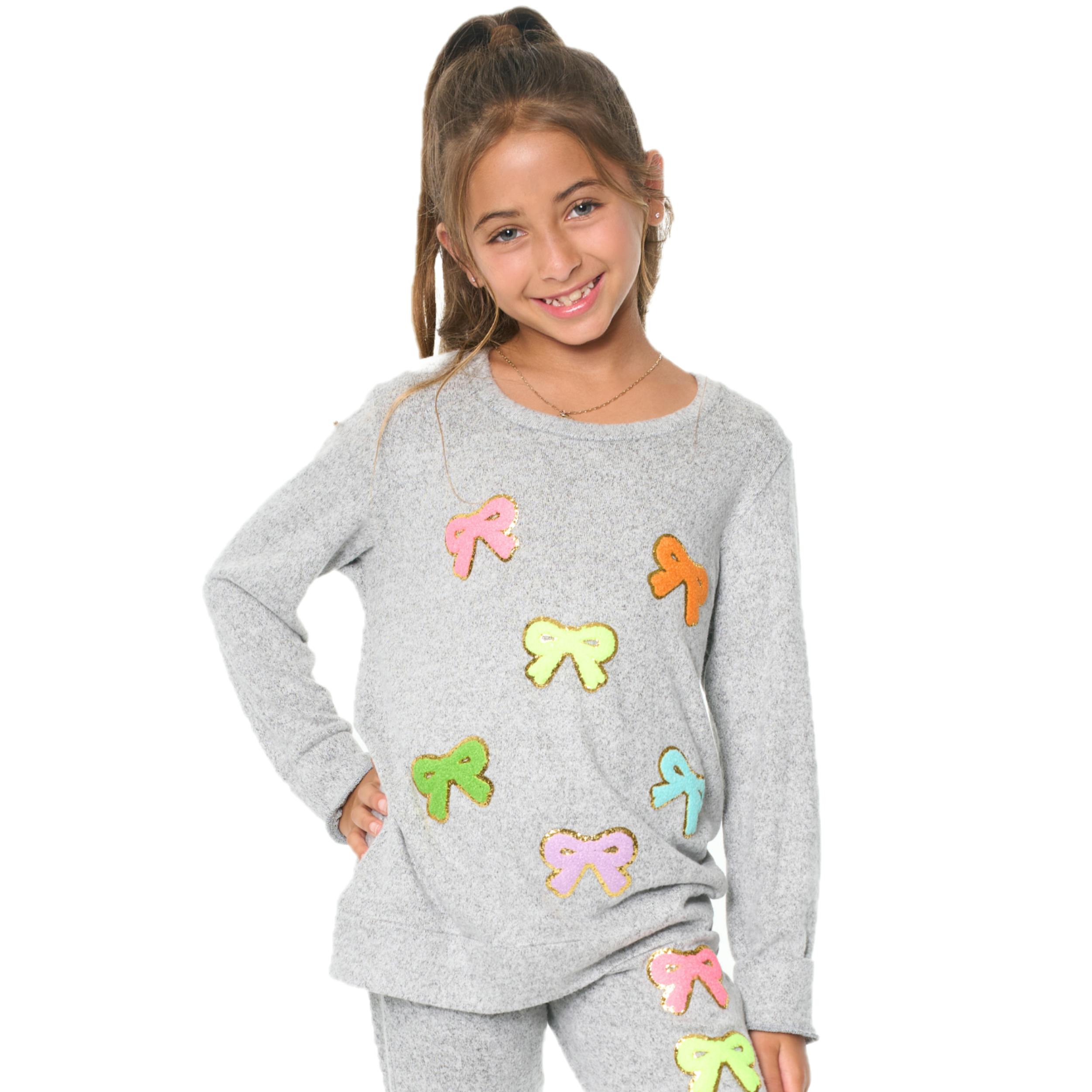 Hacci Sweatshirt with Assorted Color Glitter Chenille Bow Patches