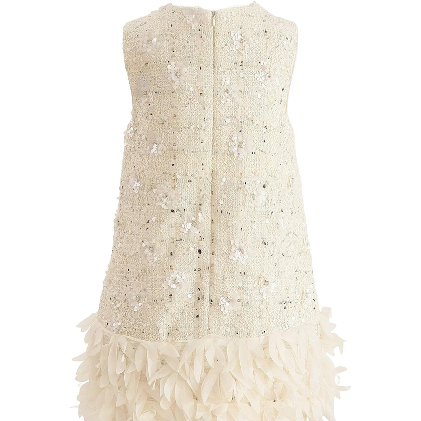 Cream Sequin Feather-Hem Dress