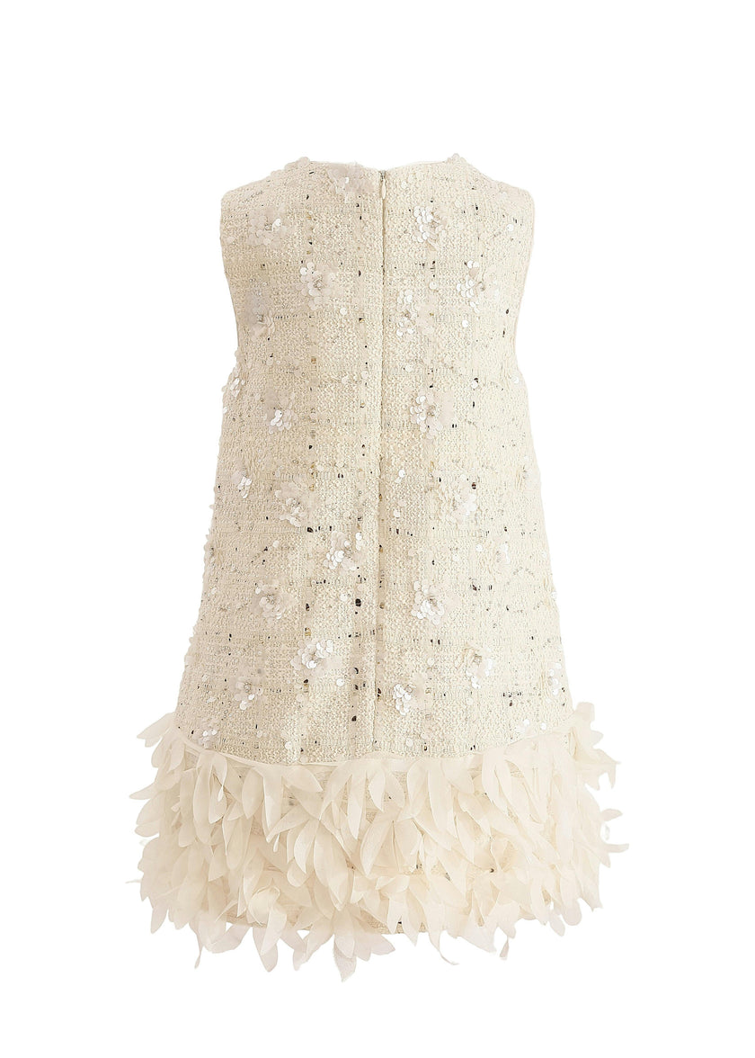 Cream Sequin Feather-Hem Dress
