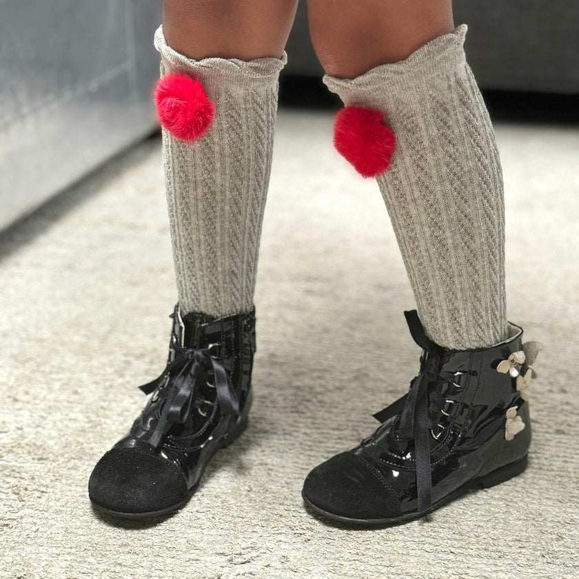 Grey Knee High Socks with Poms