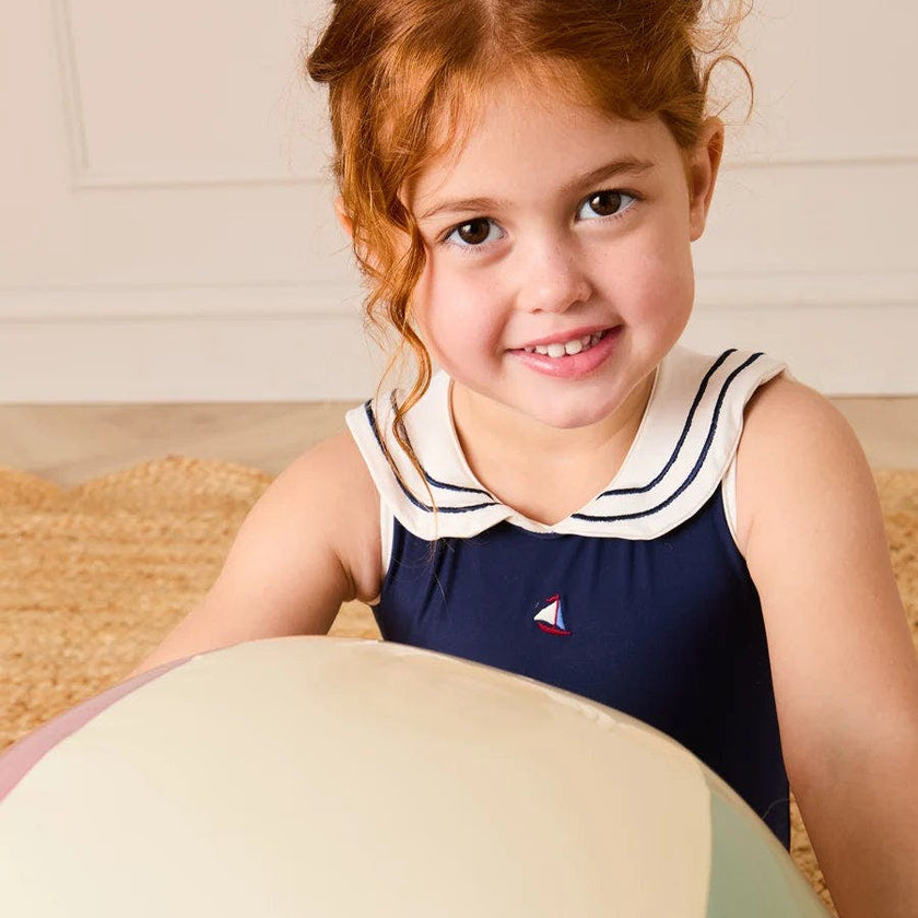 Mariner Collar Embroidered Boat Motif Swimsuit in Navy (12mths-10yrs)