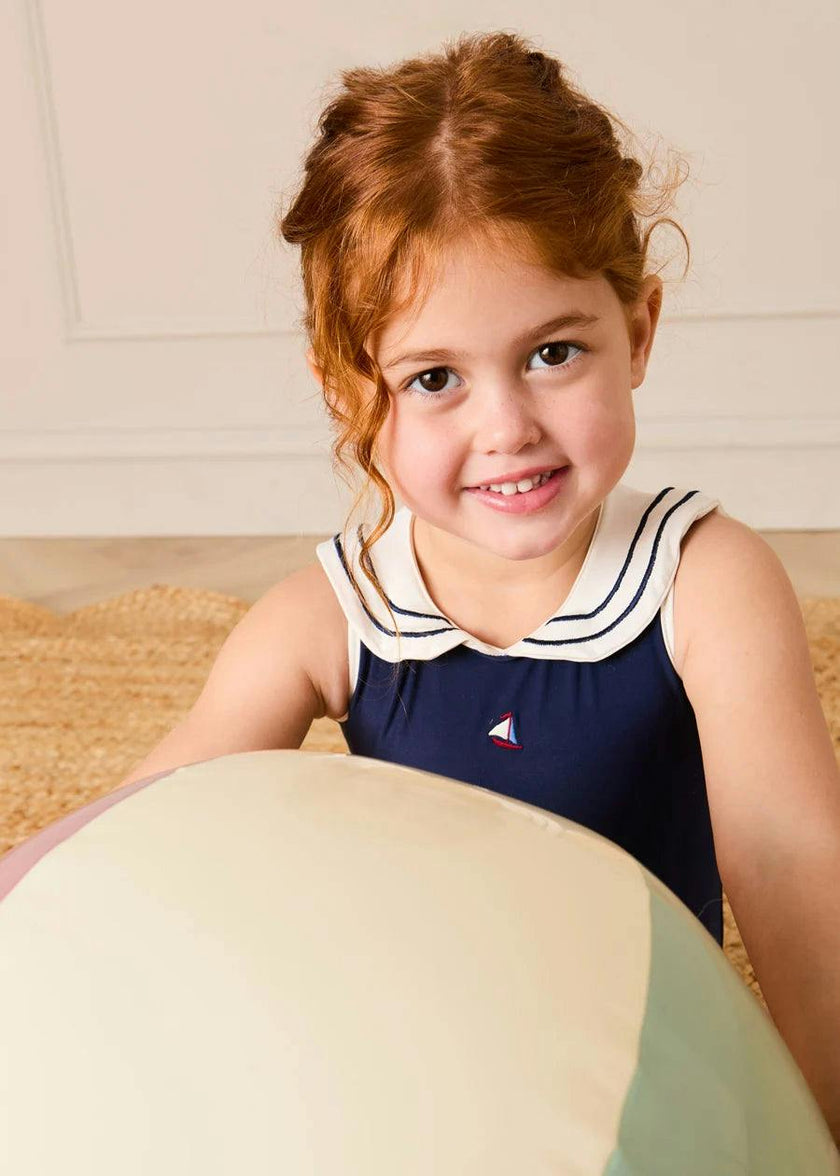 Mariner Collar Embroidered Boat Motif Swimsuit in Navy (12mths-10yrs)