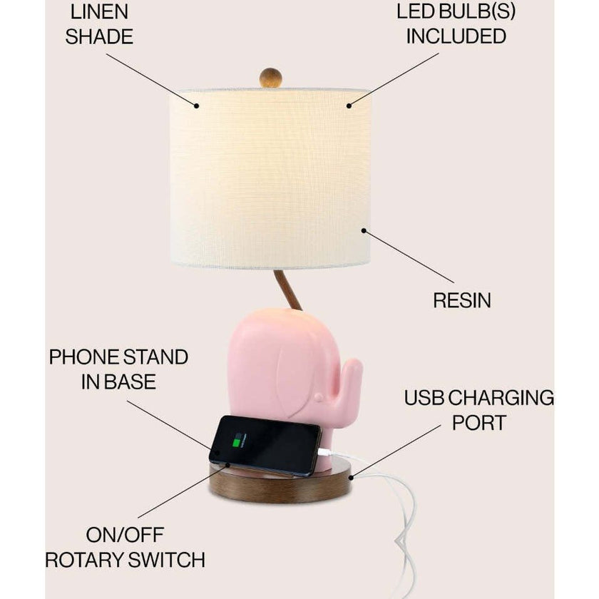 Ellie Bohemian Designer Iron/Resin Elephant LED Kids Table Lamp with Phone Stand and USB Charging Port