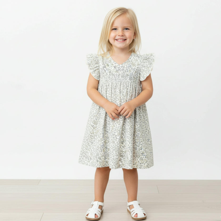Organic Short Sleeve Flutter Dress - Tulle Floral