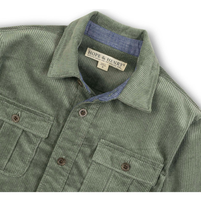 Organic Long Sleeve Corduroy Flap Pocket Button Down Shirt, Green