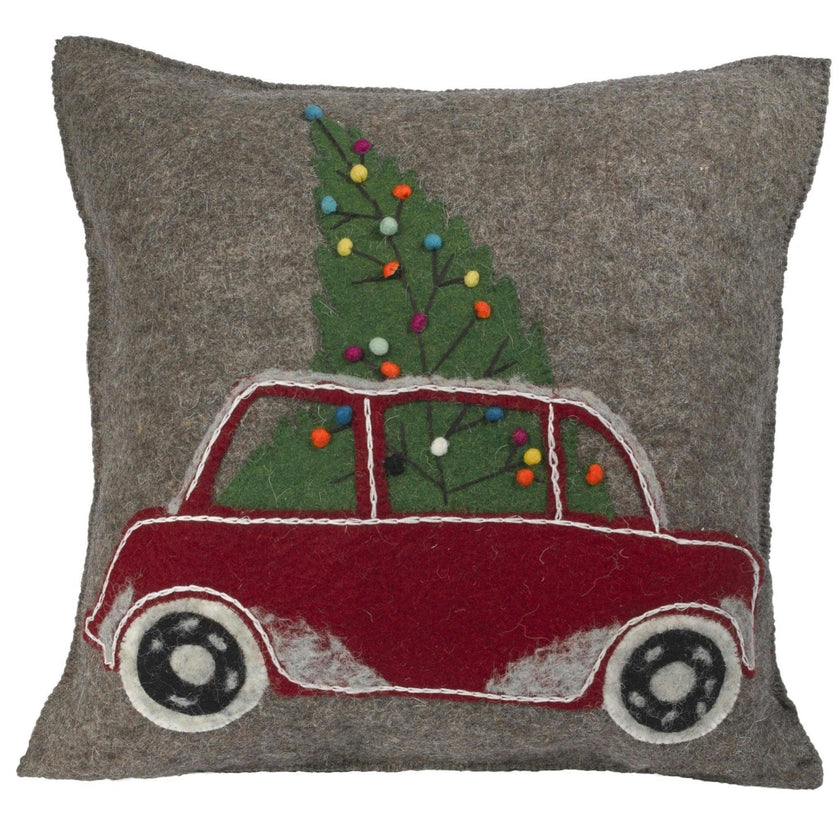 Hand Felted Wool Christmas Pillow - Car Tree Gray - 20"