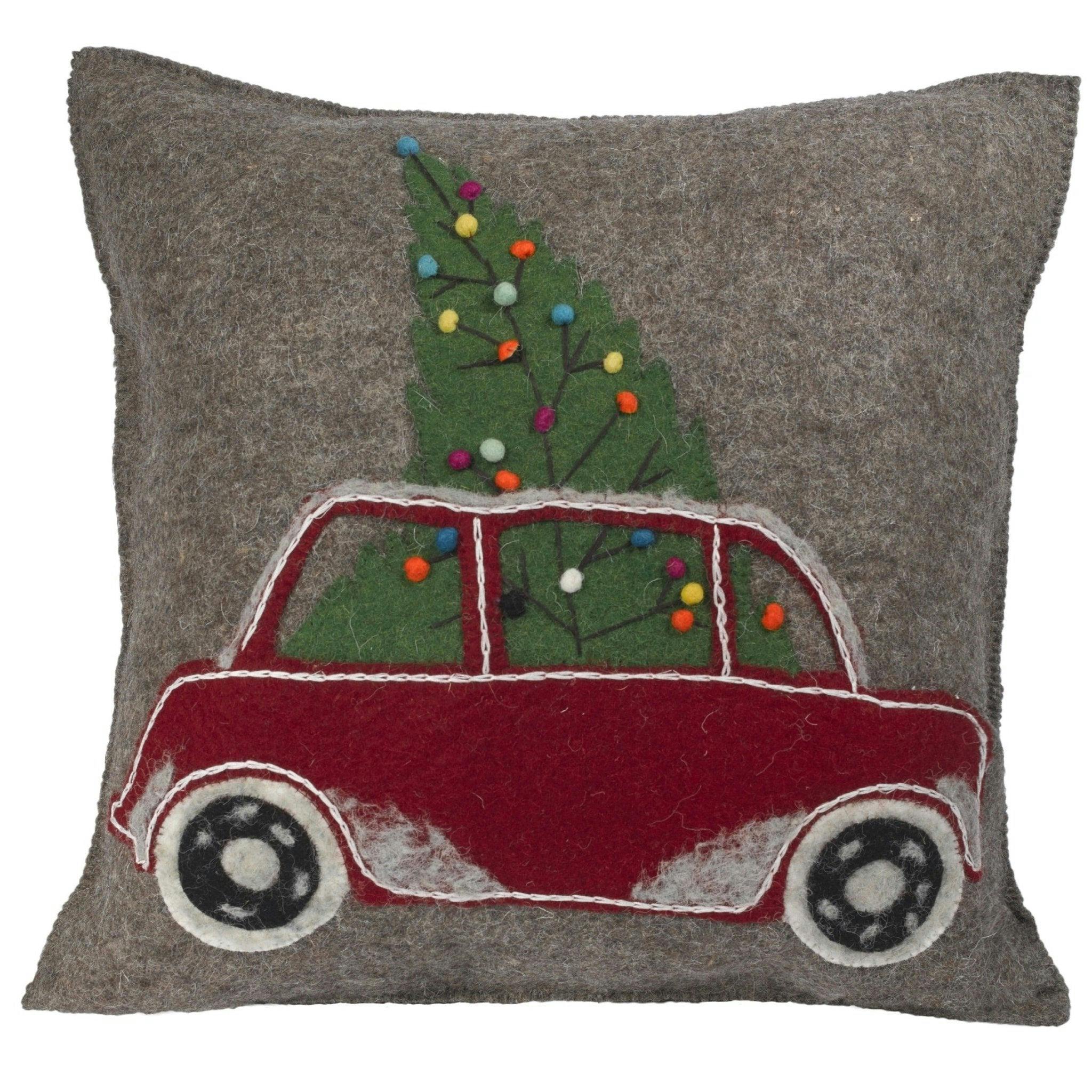 Hand Felted Wool Christmas Pillow - Car Tree Gray - 20