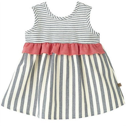 Grey Stripe Bow Back Ruffle Dress, Grey