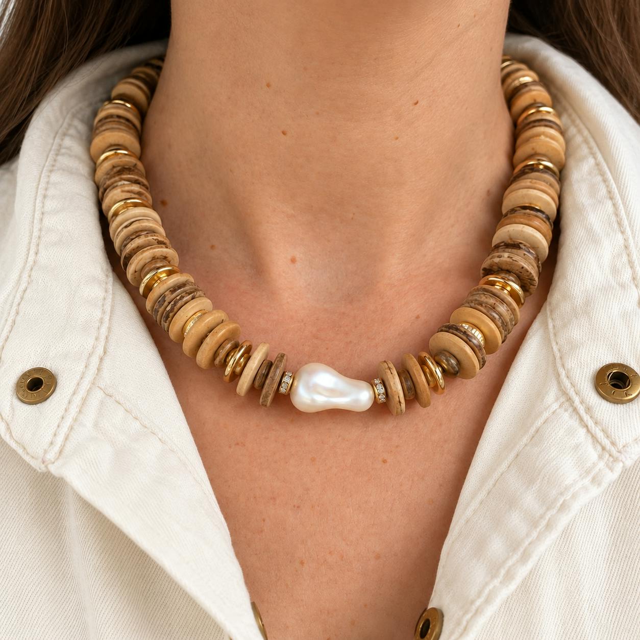 Raw Coconut Wood & Pearl Necklace